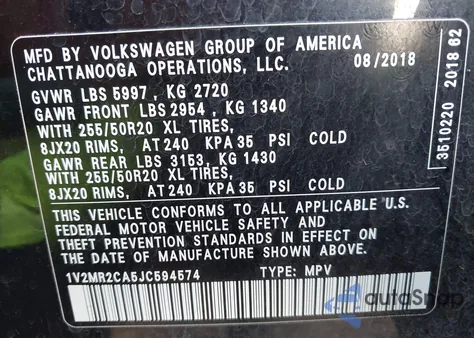 2018 Volkswagen Atlas 3.6L V6 Sel from USA, damaged, VIN 1V2MR2CA5JC594574